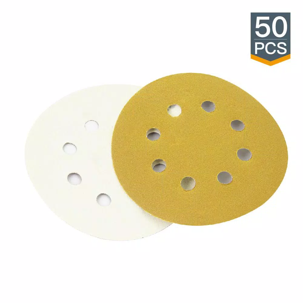 Discount π POWERTEC 5 In. 8 Hole 320-Grit Hook And Loop Sanding Discs In Gold (50-Pack) π
