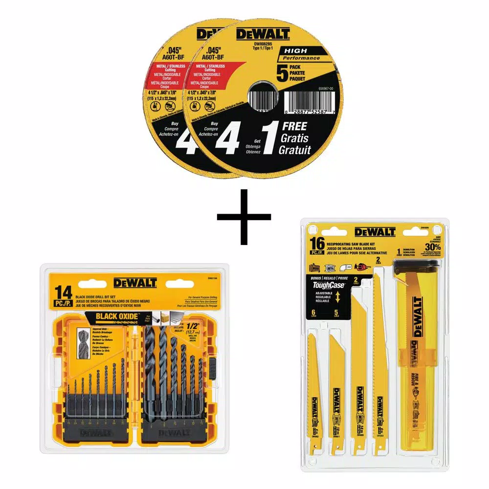 Outlet 👍 DEWALT 4-1/2 In. X .045 In. X 7/8 In. Metal & Stainless Cutting Wheel (10-Pack) With Black & Gold Drill Bit Set (14-Piece) 🔔